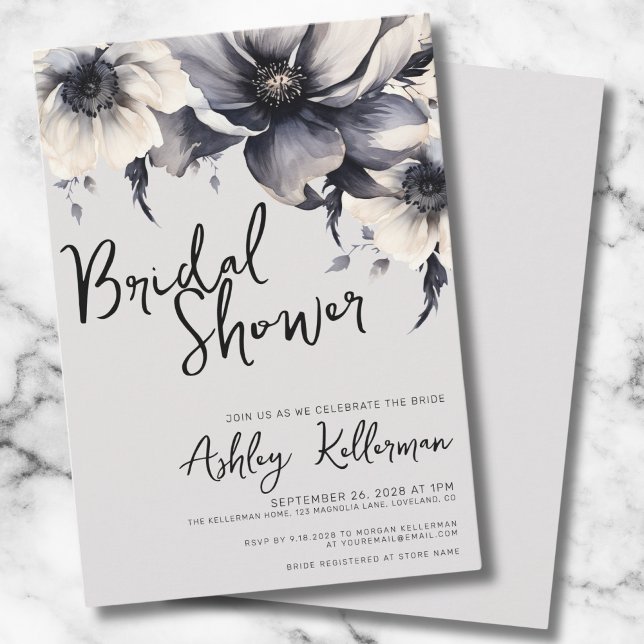 Convite Chá de panela Elegante de Boho das Flores Botânica (Gray Simple Elegant Floral Bridal Shower Invitation)