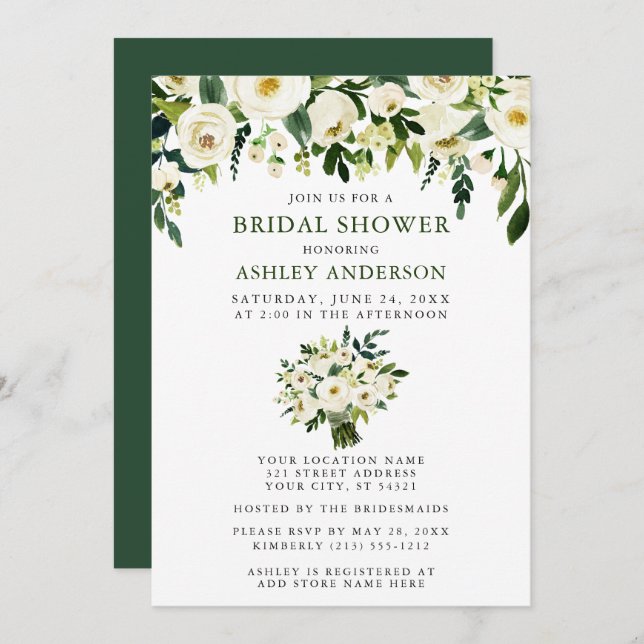 Convite Chá de panela Elegante de Buquê Floral de Aquarela (Frente/Verso)