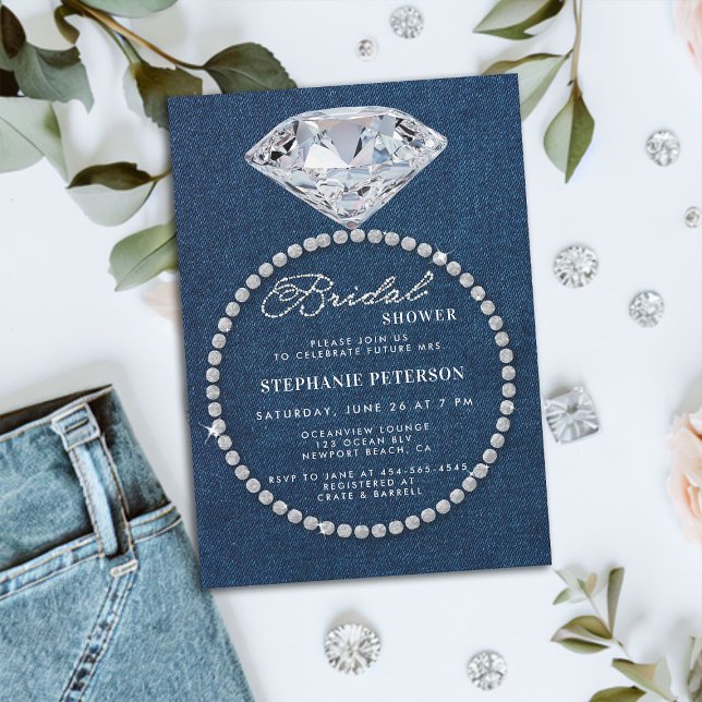Convite Chá de panela Elegante de Casamento de Ouros de De (denim and diamonds bridal shower invitation big sparkler ring classy stylish chic modern romantic)