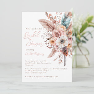Convite Chá de panela Elegante de Flor e Penas de Boho Ros