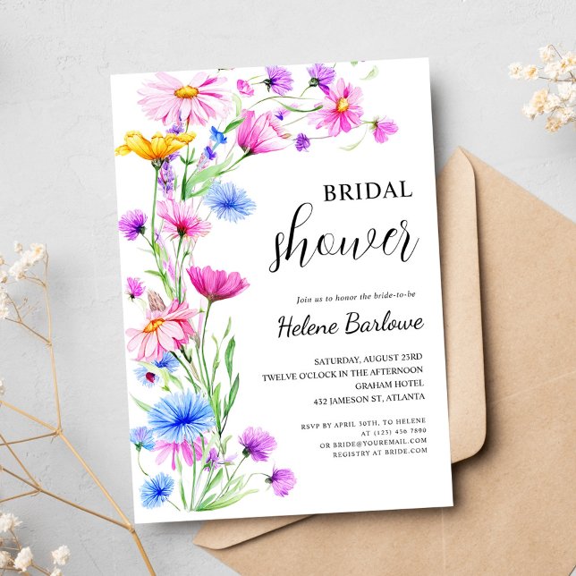 Convite Chá de panela Elegante de flor selvagem vibrante (Vibrant Wildflower Elegant Boho Bridal Shower Invitation)