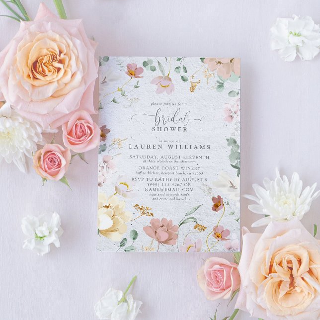Convite Chá de panela Elegante de Flores de Jardim Rosa-Ro (Elegant Blush Pink Garden Flowers Bridal Shower Invitation)