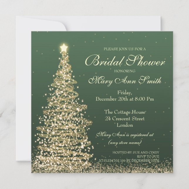 Convite Chá de panela Elegante de Natal Verde Dourado (Frente)