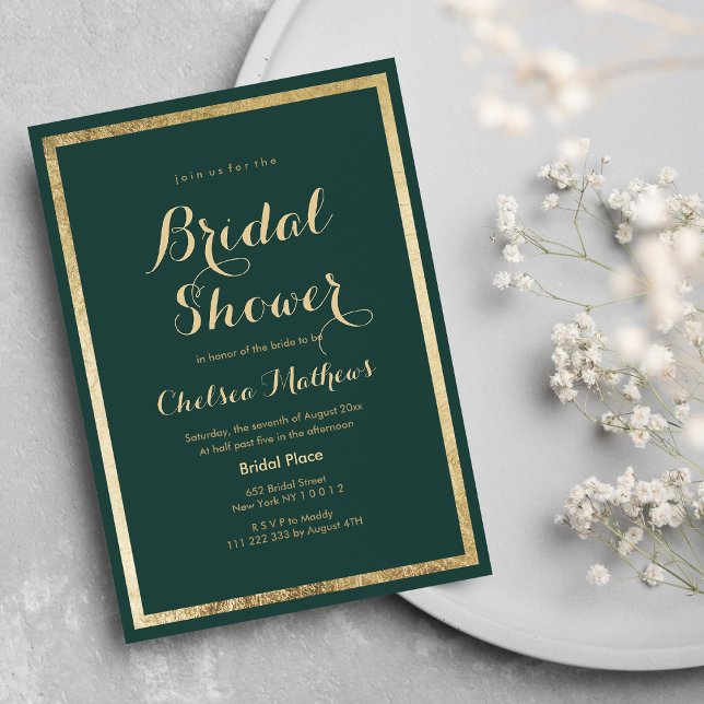 Convite Chá de panela elegante de ouro verde florestal (Elegant modern forest green gold Bridal Shower Invitation )