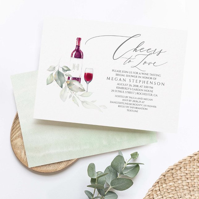 Convite Chá de panela Elegante de Provando de Vinho Verde (Minimalist Greenery Bridal Shower Invitations - Cheers To Love)