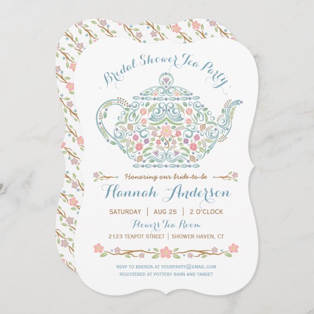 Convite Chá de panela elegante do bule (Frente/Verso)