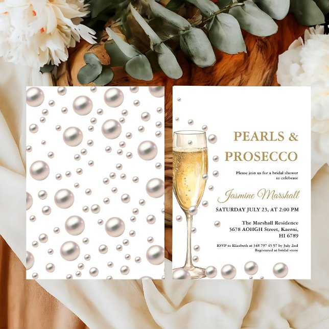 Convite Chá de panela Elegante Dourado Pérolas e Prosecco (Criador carregado)