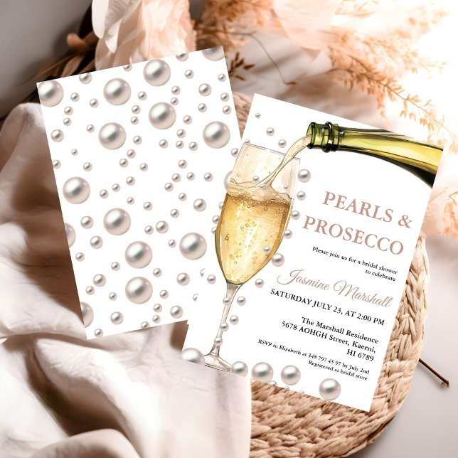 Convite Chá de panela Elegante Dourado Pérolas e Prosecco (Criador carregado)