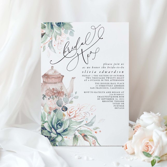 Convite Chá de panela Elegante e elegante Tea Party (Bridal Tea Rose Gold Greenery and Succulents Bridal Shower Invitation)
