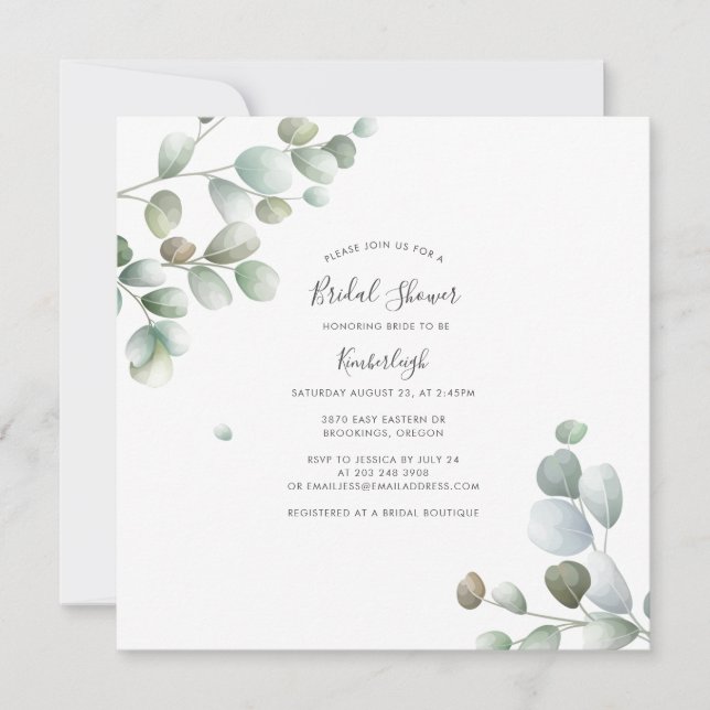 Convite Chá de panela Elegante Eucalyptus de Script Waterc (Frente)