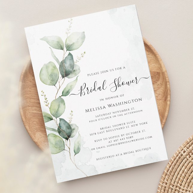 Convite Chá de panela Elegante Eucalyptus Minimalista (Eucalyptus Greenery Script Watercolor Bridal Shower Invitation)