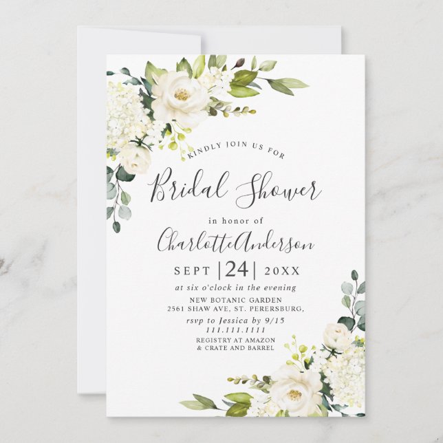 Convite Chá de panela Elegante Eucalyptus White Roses (Frente)