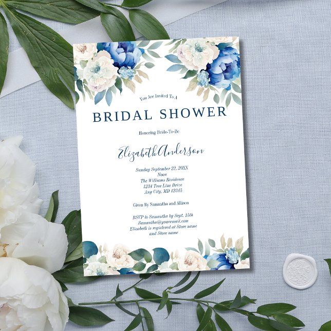 Convite Chá de panela Elegante Floral Branco Azul (Elegant Modern Blue White Floral Flowers Greenery Bridal Shower Invitation)
