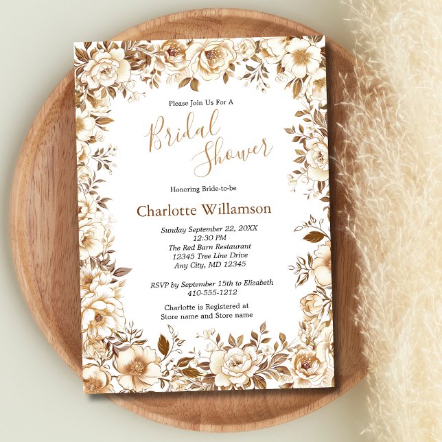 Convite Chá de panela Elegante Floral Branco Dourado (Gold White Beige Brown Floral Boho Bridal Shower Invitation)
