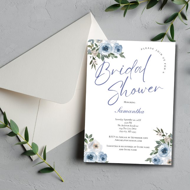 Convite Chá de panela Elegante Floral de Cor Azul Dusty (Dusty Blue White Watercolor Floral Bridal Shower Invitation. Printed or Instant Digital Download)