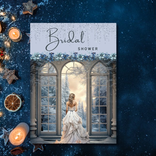 Convite Chá de panela Elegante Floral de Neve Azul-Inverno (Criador carregado)