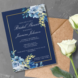 Convite Chá de panela Elegante Floral Dourado Azul marinh