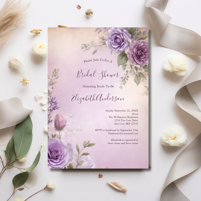 Convite Chá de panela Elegante Floral Púrpura, cor-de-rosa (Lavender Pink Purple Floral Watercolor Bridal Shower invitation)