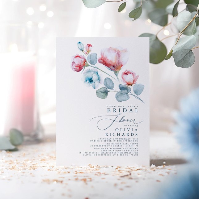 Convite Chá de panela Elegante Floral Rosa e Azul Dusty (Pink and Dusty Blue Bridal Shower Invitations)
