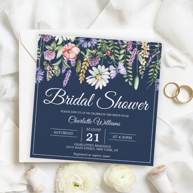 Convite Chá de panela Elegante Flores Selvagens Marinho Az (Bridal Shower Elegant Wildflowers Navy Blue Floral Invitation
)