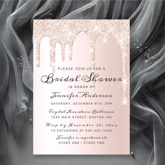 Convite Chá de panela Elegante Glitter de Coleta Rosa Chic (Chic Pink Dripping Glitter Elegant Bridal Shower Invitation)