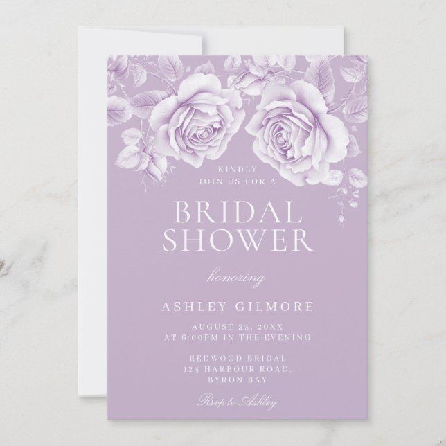 Convite Chá de panela Elegante Lavanda roxa da Rosa da vin (Frente)