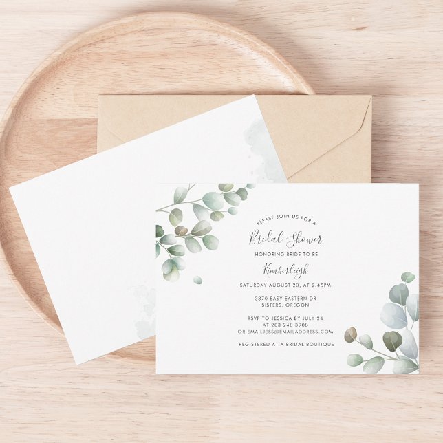 Convite Chá de panela Elegante moderno Eucalyptus (Elegant Script Handwritten Bridal Shower Invitation)