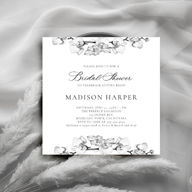 Convite Chá de panela elegante para as Orquídeas Negras e  (orchids bridal shower invitation black and white art floral sketch modern classic formal elegant)