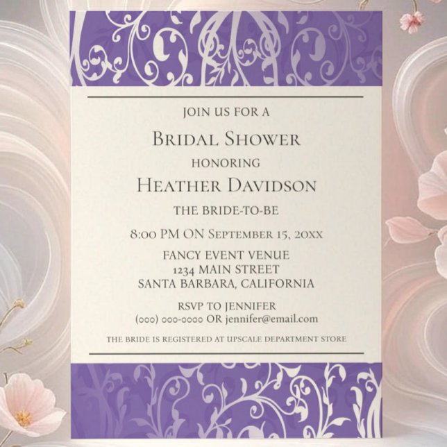 Convite Chá de panela Elegante Roxo (Purple Elegant Flourish Bridal Shower Invite)