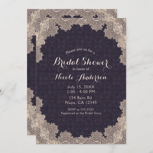 Convite Chá de panela Elegante Roxo-Roxo do Lace Romântico (Frente/Verso)