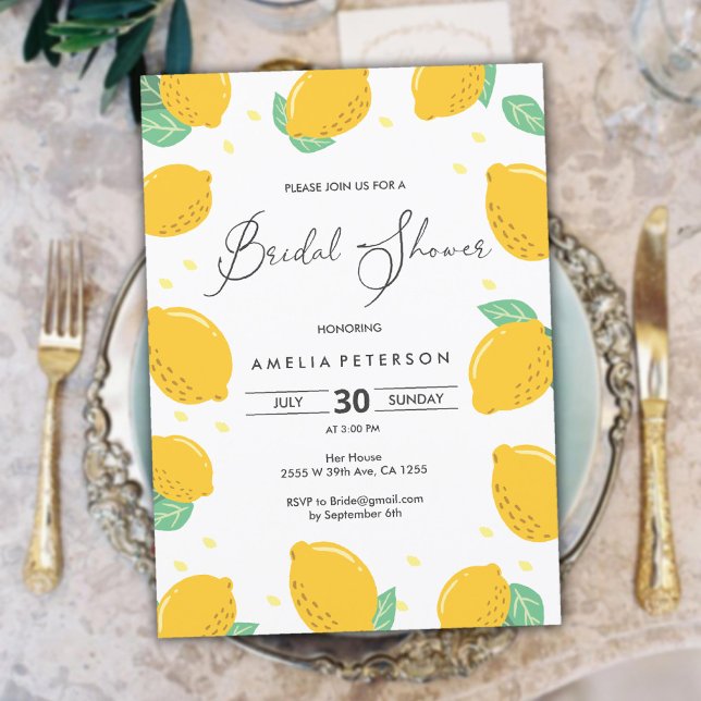 Convite Chá de panela Elegante Simples, Fresco e Divertido (Simple Fresh and Fun Elegant Lemon Bridal Shower Invitation)