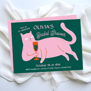 Convite Chá de panela engraçado de gato verde rosa