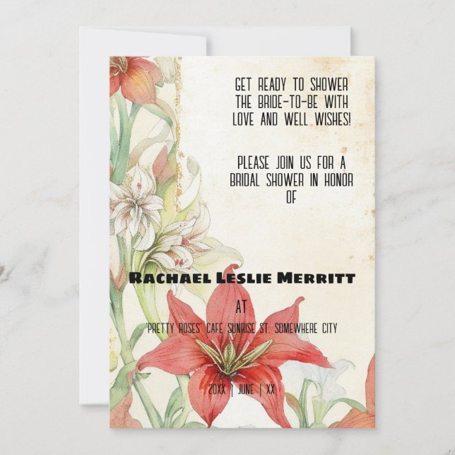 Convite Chá de panela Ephemera de Lillies Brancos e Vermel (Frente)