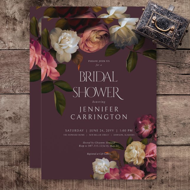 Convite Chá de panela Escuro de Borgonha e Creme Peonies (Dark Moody Pink Burgundy & Cream Peonies Bridal Shower Invitation)