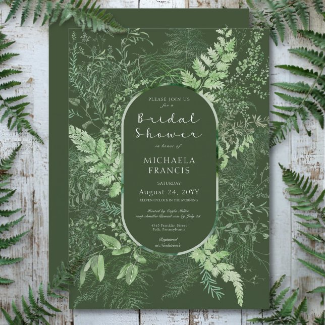 Convite Chá de panela Esmerald Rustic Fern Green Foliage (Rustic Fern Green Foliage Emerald Bridal Shower Invitation)