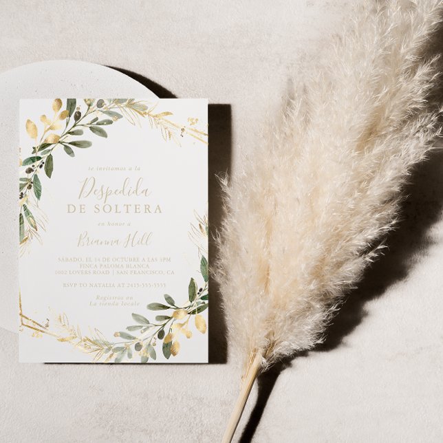 Convite Chá de panela espanhol Geométrico Dourado Greenery (Criador carregado)