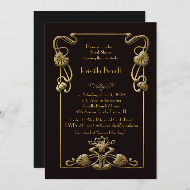 Convite Chá de panela, estilo Gatsby excelente, preto (Frente/Verso)