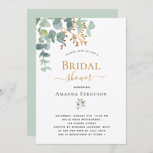 Convite Chá de panela eucalipto verde ouro moderno (Frente/Verso)