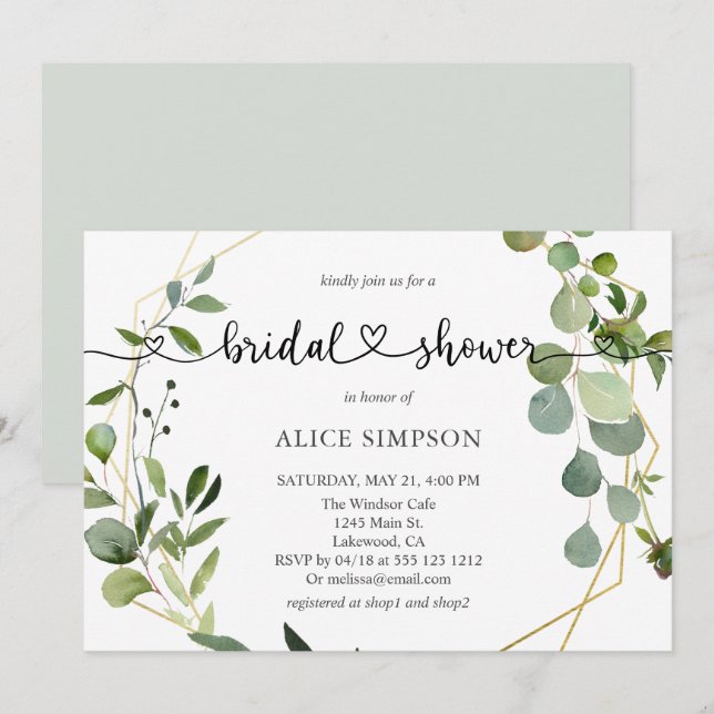 Convite Chá de panela Eucalyptus com Gerência de Coração (Frente/Verso)