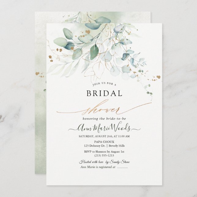 Convite Chá de panela Eucalyptus Dourado Faux (Frente/Verso)