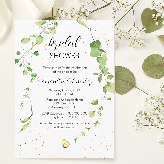 Convite Chá de panela Eucalyptus Greenery Boho (Eucalyptus Greenery Boho Bridal Shower Invitations with gold sparkle details.)