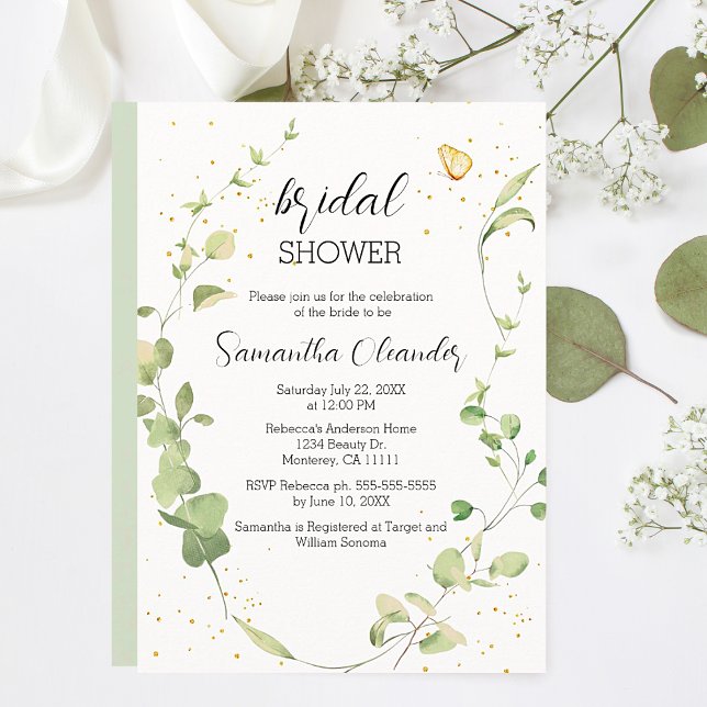 Convite Chá de panela Eucalyptus Greenery Boho (Elegant Eucalyptus Greenery with Gold Sparkles and Butterfly Bridal Shower Invitations.)