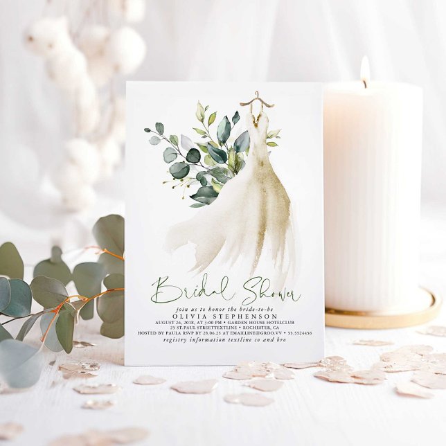Convite Chá de panela Eucalyptus Greenery Simplesmente Ele (Greenery and Wedding Dress Bridal Shower Invitations)