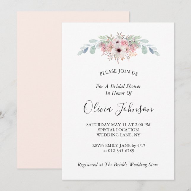 Convite Chá de panela Eucalyptus Russo Blush (Frente/Verso)