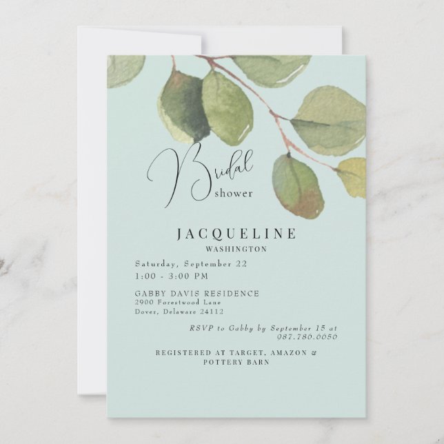 Convite Chá de panela Eucalyptus, Sage Luz Elegante (Frente)