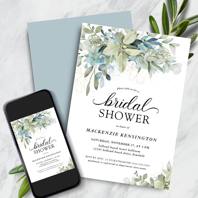 Convite Chá de panela Eucalyptus Vermelhos Pale Dusty (Pale Dusty Blue Eucalyptus Greenery Bridal Shower Invitation with Digital Download)