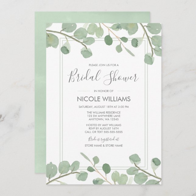 Convite Chá de panela Eucalyptus Watercolor (Frente/Verso)