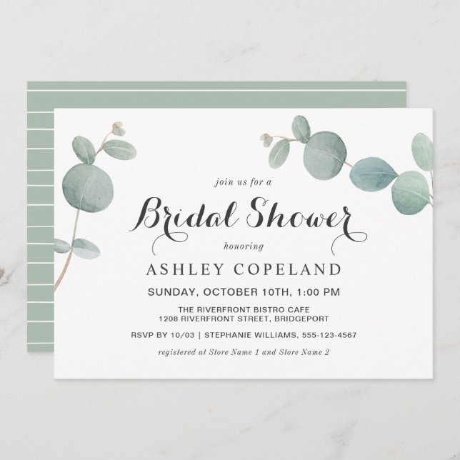 Convite Chá de panela Eucalyptus Watercolor (Frente/Verso)