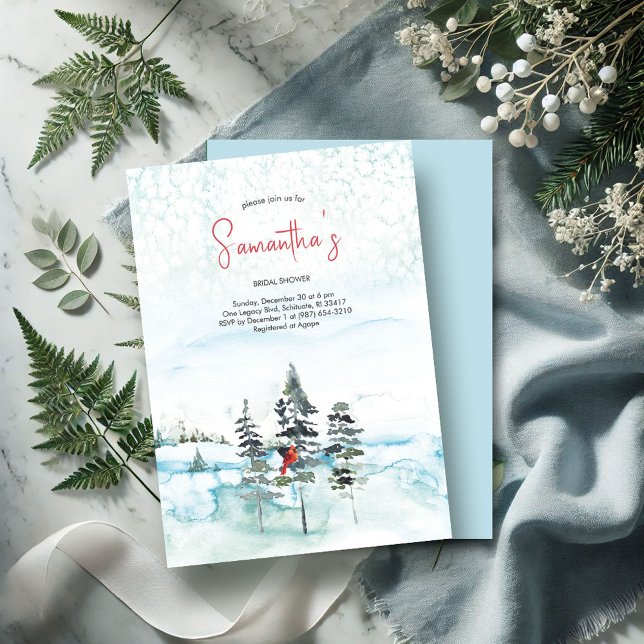 Convite Chá de panela Evergreen do Natal de inverno (Winter bridal shower invitations watercolor pine trees red cardinal snow)