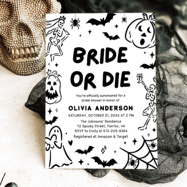 Convite Chá de panela Fantasma de Halloween Desenhado à Mã (Hand Drawn Halloween Skeleton Ghost Bridal Shower Invitation)